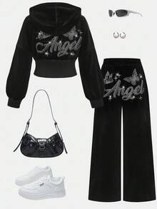Tween Girl Velvet Rhinestone Hoodie & Fitted Pants 2pcs Suit Set, Fashion Casual Outfit For Halloween, Christmas Party, Weekends, Casual Outing Fall Winter - Black - View 2
