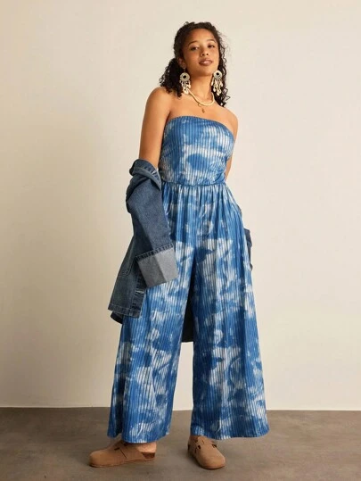 SHEIN VCAY 大码女式扎染罗纹阔腿休闲连体裤商务休闲女装西部波西米亚风女装