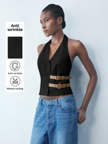 Maija 女士春季皮革装饰 V 领无袖上衣、节日、夏季、乡村音乐会、街头服饰女士、风格、时尚、俱乐部、教师