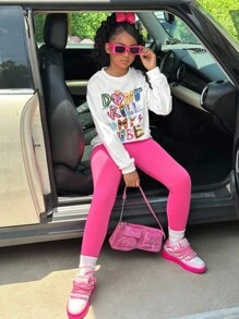 SHEIN Tween Girl Streetwear 可爱英文字母印花卫衣和紧身裤套装 - 白色 - 查看 4