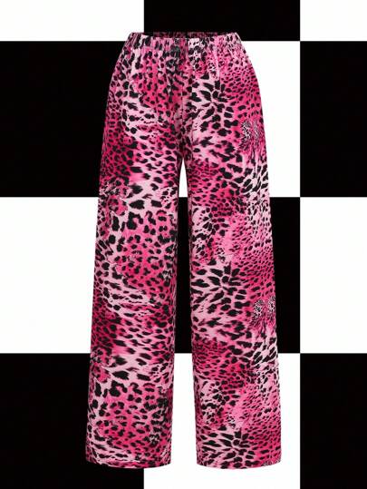 Shutterstock Y2Kool Pink, Leopard Print, Loose, Y2K Style Elastic Waist Casual Pants For Women, Suitable For Summer, Vacation, Party, Gathering, Daily Wear Matching Idea Graphic Pant