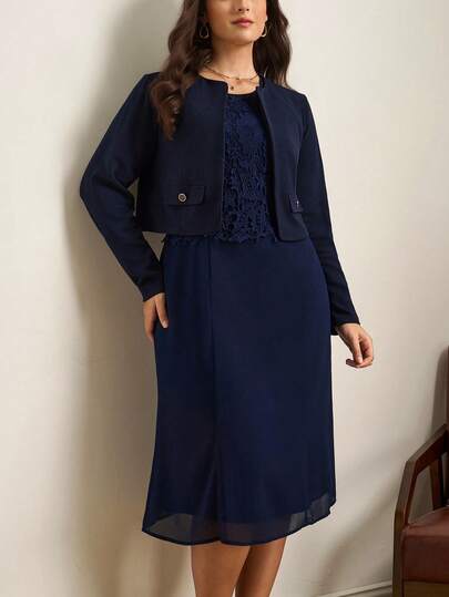 SHEIN Clasi 大码女式优雅蕾丝拼布夹克 + 连衣裙两件套