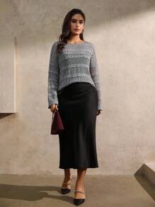 Juhart Áo len dệt kim cổ tròn khoét lỗ màu trơn dành cho nữ cỡ lớn thời trang thu đông - Xám - Xem 4