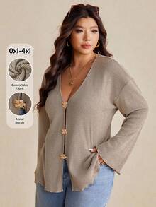 Elaquor 大码女式金属花单排扣长袖宽松休闲夹克 - 駝色 - 查看 3