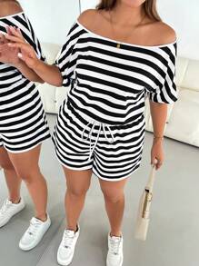 SHEIN Essnce Plus Size Women's Romper, Casual Striped Romper,Summer Women Dresses One Piece Outfit Jumpsuit,Shorts Women Rompers,Summer Shoulder Women's Clothing, Short-Sleeved Jumpsuits
