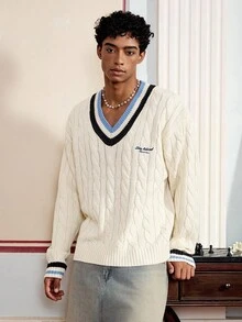 SWAVVY 男士时尚 V 领长袖条纹麻花图案休闲毛衣，麻花针织，秋冬 - 白色 - 查看 1