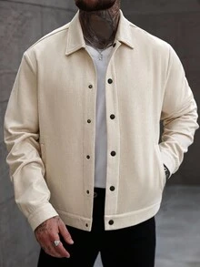 Manfinity CasualCool 男士长袖纯色单排扣休闲夹克，米色，秋季款 - 杏色 - 查看 2