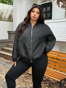 SHEIN EZwear Plus Size Women Casual Solid Color Jacket For Autumn/Winter,Fall,Back To School,Warm,Zip Up - Black - View 4