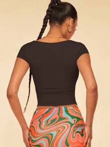 SHEIN BAE Square Neck Ruched Side Crop Tee - Chocolate Brown - View 2