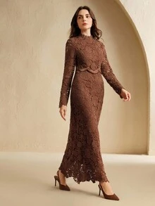 Anewsta 女士优雅法式玫瑰色高品质缎面撞色蕾丝长裙女装 - 咖啡 - 查看 4