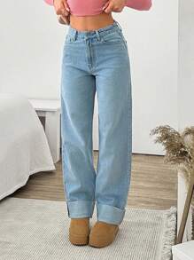 EURMUSE HIGH RISE STRAIGHT FOLDED UP HEM JEAN - Light Wash - View 4