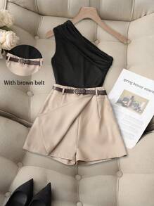 SHEIN PETITE 休闲时尚百搭高弹力纯黑色褶肩上衣搭配卡其色仿口袋短裙（配腰带），女式两件套 - 卡其色 - 查看 1