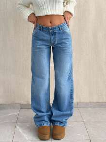 SHEIN Tall 高腰休闲宽松直筒牛仔裤 - 中等水洗藍 - 查看 7