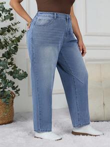 SHEIN CURVE+ 大码蓝色休闲口袋百搭女式牛仔裤，夏季 - 藍色 - 查看 3