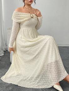 Modelyn 大码女式露肩长袖金属纽扣优雅连衣裙 - 杏色 - 查看 7