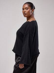 MUSERA Áo len tay loe cổ lệch dáng cỡ lớn, kiểu dáng thanh lịch thường ngày cho mùa xuân hè. - màu đen - Xem 4