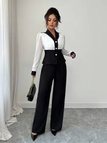 Elenzga Elegantes romantisches Urlaubs- & Büro Outfit, Zweiteiler aus Schwarz-Weiß-Farbblock Hemd und Hose