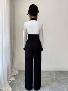 Elenzga Elegantes romantisches Urlaubs- & Büro Outfit, Zweiteiler aus Schwarz-Weiß-Farbblock Hemd und Hose