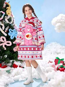 SHEIN X Care Bears 秋冬款 Tween 女童圣诞熊与雪花印花撞色宽松落肩粉色卫衣连衣裙 - 粉色 - 查看 3