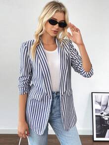 SHEIN Frenchy Áo khoác Blazer nữ thời trang thường ngày, kiểu dáng cổ điển, sọc vải lanh, tay áo ba phần tư, xếp nếp, quần áo công sở, quần áo giáo viên, áo khoác Blazer sọc, áo khoác Blazer giáo viên, quần áo mùa thu - Nhiều màu - Xem 2
