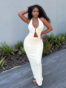 Alexandranx 2 Pieces Set - Solid Color Sexy Deep V-Neck Halter Textured Camisole & Low Waist Long Maxi Skirt, Women's White Resort Outfit Island Vacation Outfits - Apricot - View 6