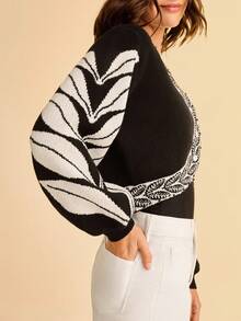 CAJUNI Áo khoác cardigan dáng rộng tay dài cổ chữ V họa tiết lá đen trắng dành cho nữ, đa năng cho mùa thu/đông - Đen và trắng - Xem 1