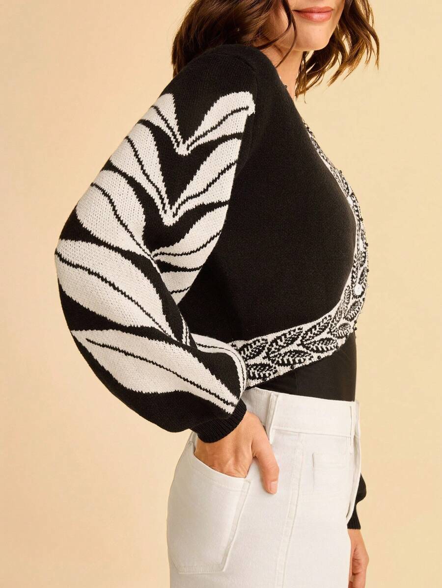 CAJUNI Áo khoác cardigan dáng rộng tay dài cổ chữ V họa tiết lá đen trắng dành cho nữ, đa năng cho mùa thu/đông - Đen và trắng - Xem 1