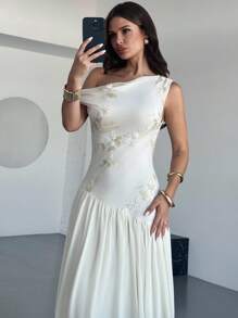 Firerie 女士优雅刺绣拼布不对称领连衣裙