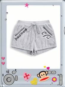 Paul Frank X ROMWE Letter Embroidered Drawstring Waist Plush Shorts - Grey - View 1