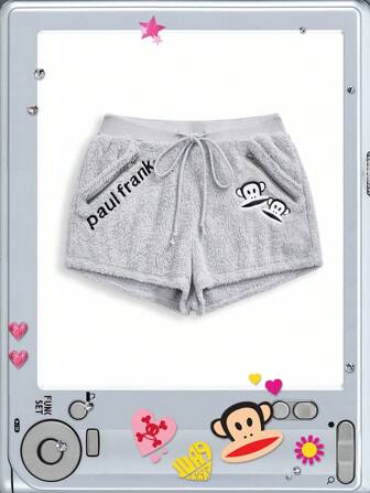 Paul Frank X ROMWE Pantalones cortos de peluche con cordón en la cintura y bordado de letras