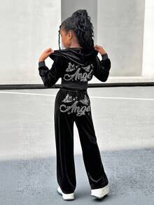 Tween Girl Velvet Rhinestone Hoodie & Fitted Pants 2pcs Suit Set, Fashion Casual Outfit For Halloween, Christmas Party, Weekends, Casual Outing Fall Winter - Black - View 16