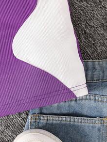 SHEIN 少女撞色罗纹短款上衣，时尚前卫，撞色设计，罗纹面料，柔软合身 - 紫丁香色 - 查看 4