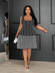 Veslaya 2025 新款时尚/法式/性感/优雅/高贵/奢华/淑女风弹力拼色修身A字提花针织连衣裙，U领无袖波浪下摆针织连衣裙带口袋，适合宴会/日常/派对/拍照/茶会 - 黑與白 - 查看 3