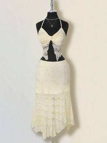 SHEIN ICON Conjunto de verano y primavera para mujer con falda asimétrica de cintura baja con volantes y top halter de cuello anudado de encaje jacquard texturizado en estilo bohemio retro y sexy en color albaricoque - Albaricoque - Ver 1