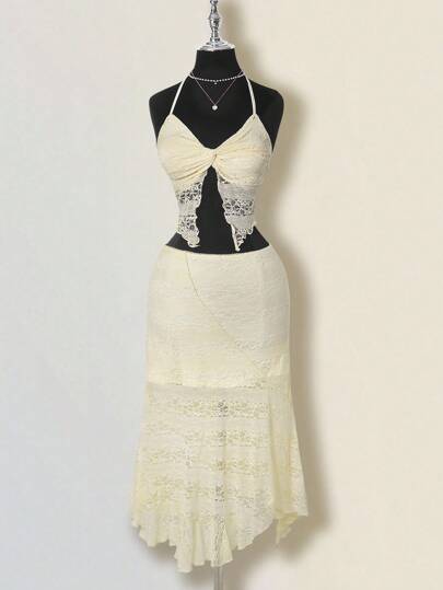 SHEIN ICON 女装春夏纹理提花蕾丝面料波西米亚复古性感辣妹胸前扭结挂脖系带低腰不对称下摆拼接荷叶边低腰裙杏色套装