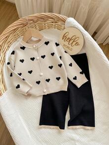 SHEIN Baby Girl Heart Pattern Long Sleeve Single-Breasted Knitted Cardigan And Knitted Pants Casual Suit,In Fall/Winter