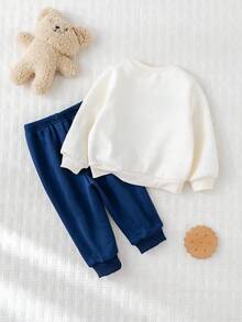 Cozy Pixies 2pcs Baby Boy Cartoon Bear Pattern Knitted Soft Crew Neck Long Sleeve Hoodie And Elastic Waist Thermal Lined Pants Set Baby Set Autumn Winter Season Baby Boy Bear Outfit Baby Casual Sets Fall - Blue - View 2