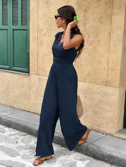 Serisse Women's Vacation Solid Color Deep V-Neck Ruched Waist Wide Leg Casual Jumpsuit Summer Casual Blue Holiday Resort