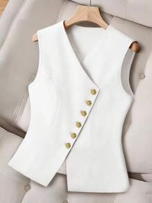 GlowEve CURVE 加大码轻盈纯色纽扣腰部无袖西装外套，休闲通勤日常穿着 - 白色 - 查看 1