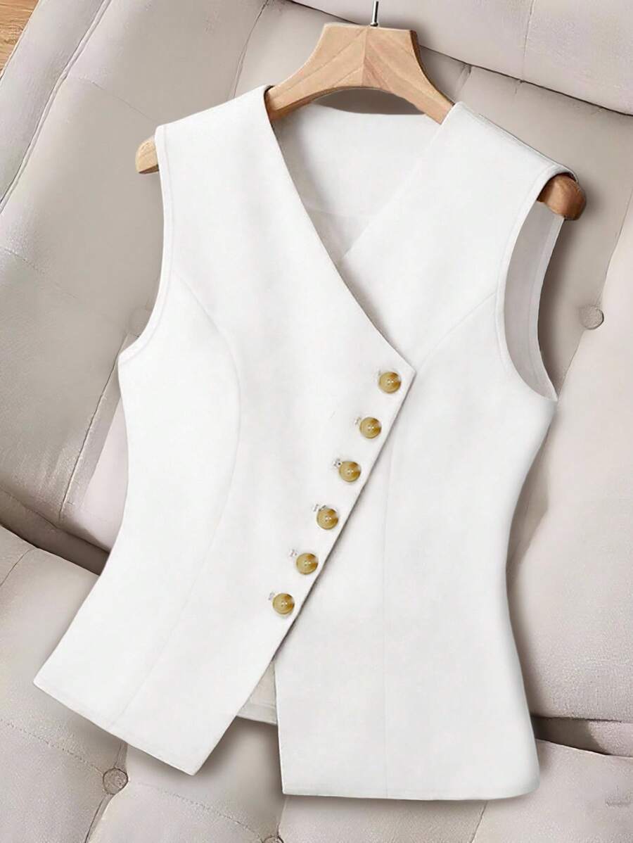 GlowEve CURVE 加大码轻盈纯色纽扣腰部无袖西装外套，休闲通勤日常穿着 - 白色 - 查看 1