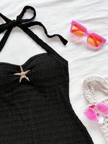 Soleia 女士度假吊带蝴蝶结纯色纹理连体裤，适合海滩派对 - 黑色 - 查看 3