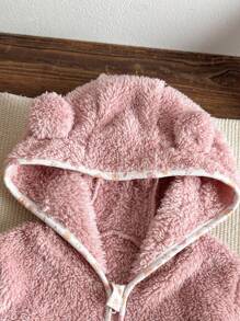 SHEIN Baby Girl Hooded Plush Jacket With 3D Ear Design, Long Sleeve Fall Winter - Purple - View 4