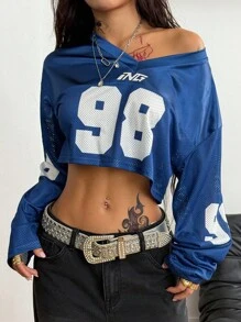 Coolane Women's Fall All-Season Going Out Cool Y2K Blokecore Vintage Sport Soccer Jersey Letter Print Cropped Versatile Long Sleeve Blue Jersey T-Shirt - Blue - View 2