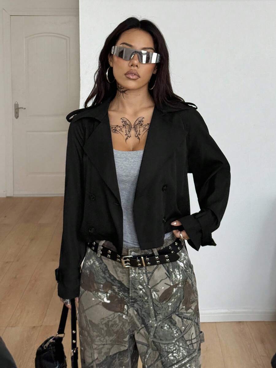 Coolane Women's Fall/Winter Streetwear Casual Athleisure Basic Daily Wear Comfortable Corset Loose Black Trench Coat Jacket Cropped Blazer - Black - View 1