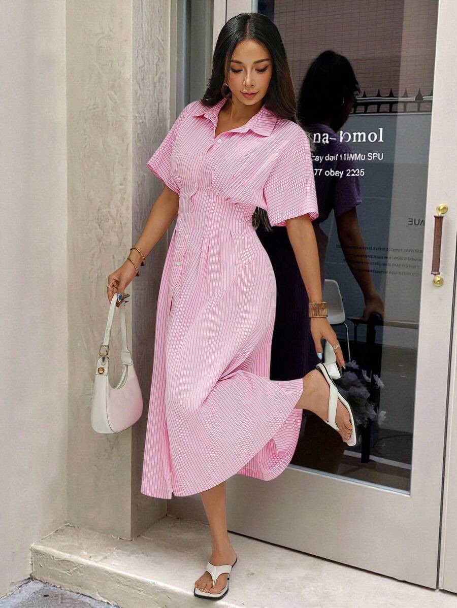 SHEIN PETITE 女式条纹蝙蝠袖收腰休闲长款衬衫裙 - 粉色 - 查看 1