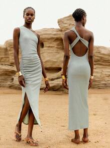 Lumivelle Sage Green,Summer,Chic,Vacation,Holiday Women's Textured Knit One Shoulder Maxi Dress, Open Back Ruched Bodycon Slit Hem Cocktail Party Dress - Green - View 1