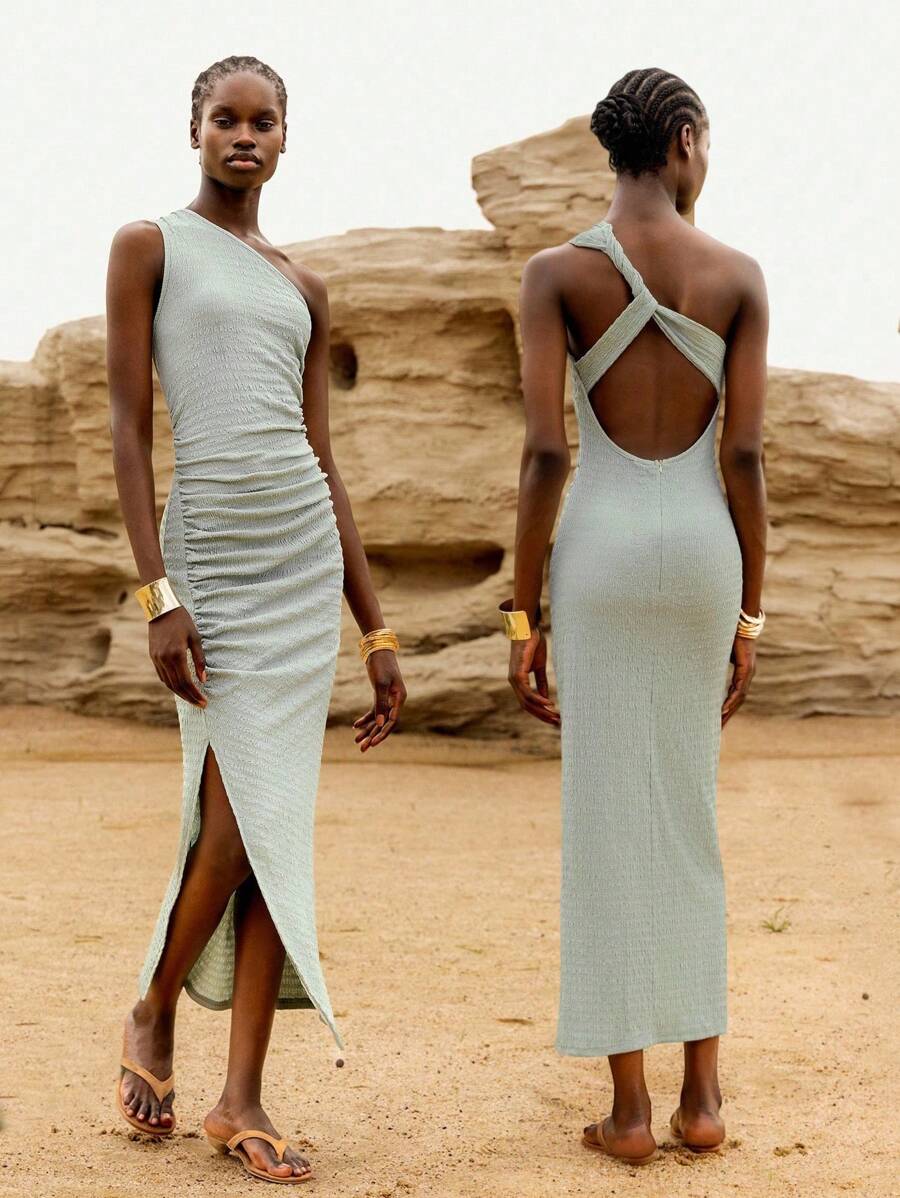 Lumivelle Sage Green,Summer,Chic,Vacation,Holiday Women's Textured Knit One Shoulder Maxi Dress, Open Back Ruched Bodycon Slit Hem Cocktail Party Dress - Green - View 1