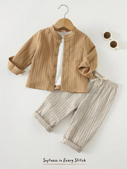 Cozy Pixies 2pcs Baby Boy Crew Neck Long Sleeve Cardigan Top And Elastic Waist Striped Pants Set Fall Winter