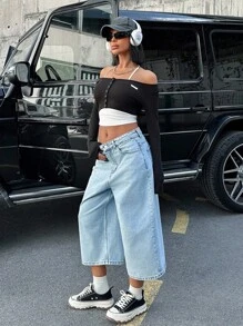 CasuGlow 女士低腰雪花洗牛仔短裤 - 淺色水洗藍 - 查看 5