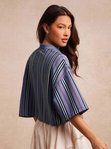 WESTFADE 条纹罗纹针织短袖宽松短款纽扣前部 Polo 衫 返校可爱秋季乡村音乐会 - 藍色 - 查看 2